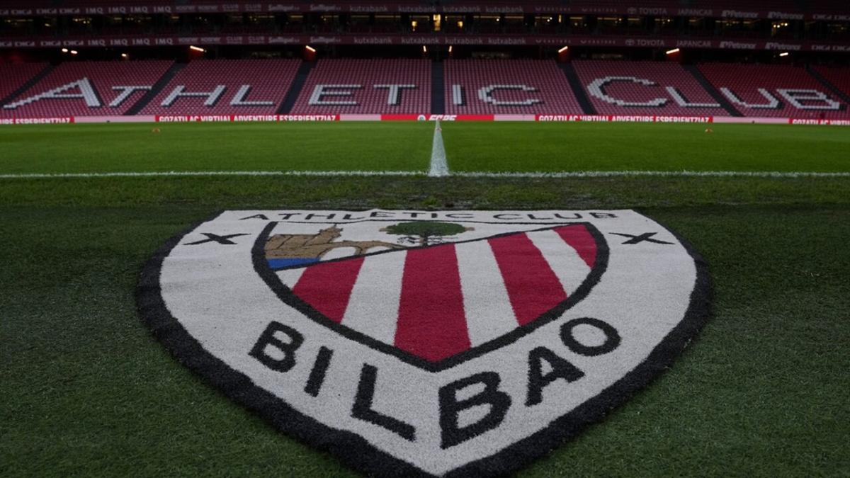 The Athletic Bilbao club badge on the pitch at Estadio San Mames